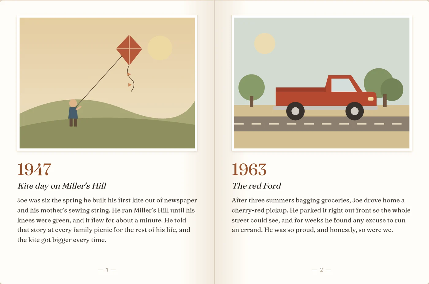 An open book spread: a 1947 illustration of a boy flying a kite and a 1963 illustration of a red pickup truck, each with a short story underneath